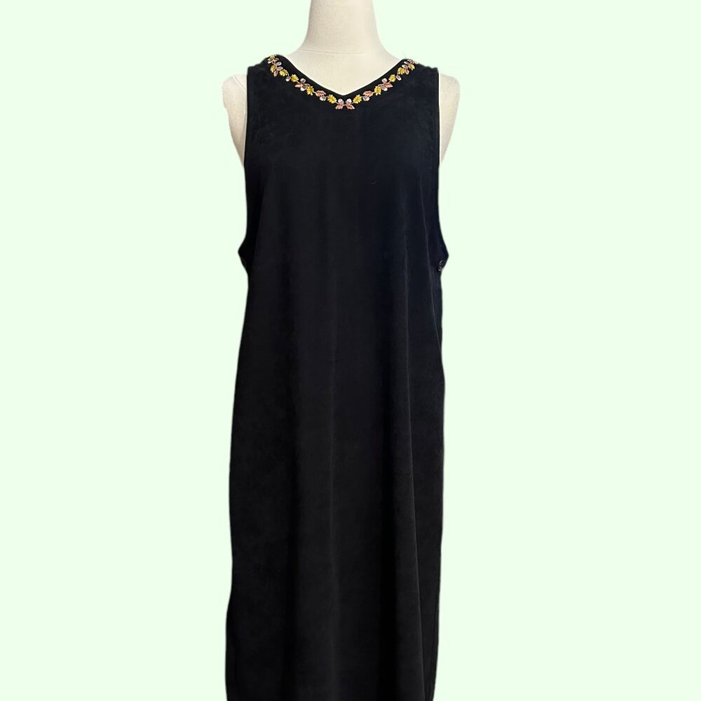 Vintage 90's black embroidered sleeveless velour midi/maxi dress‎ Womens Large